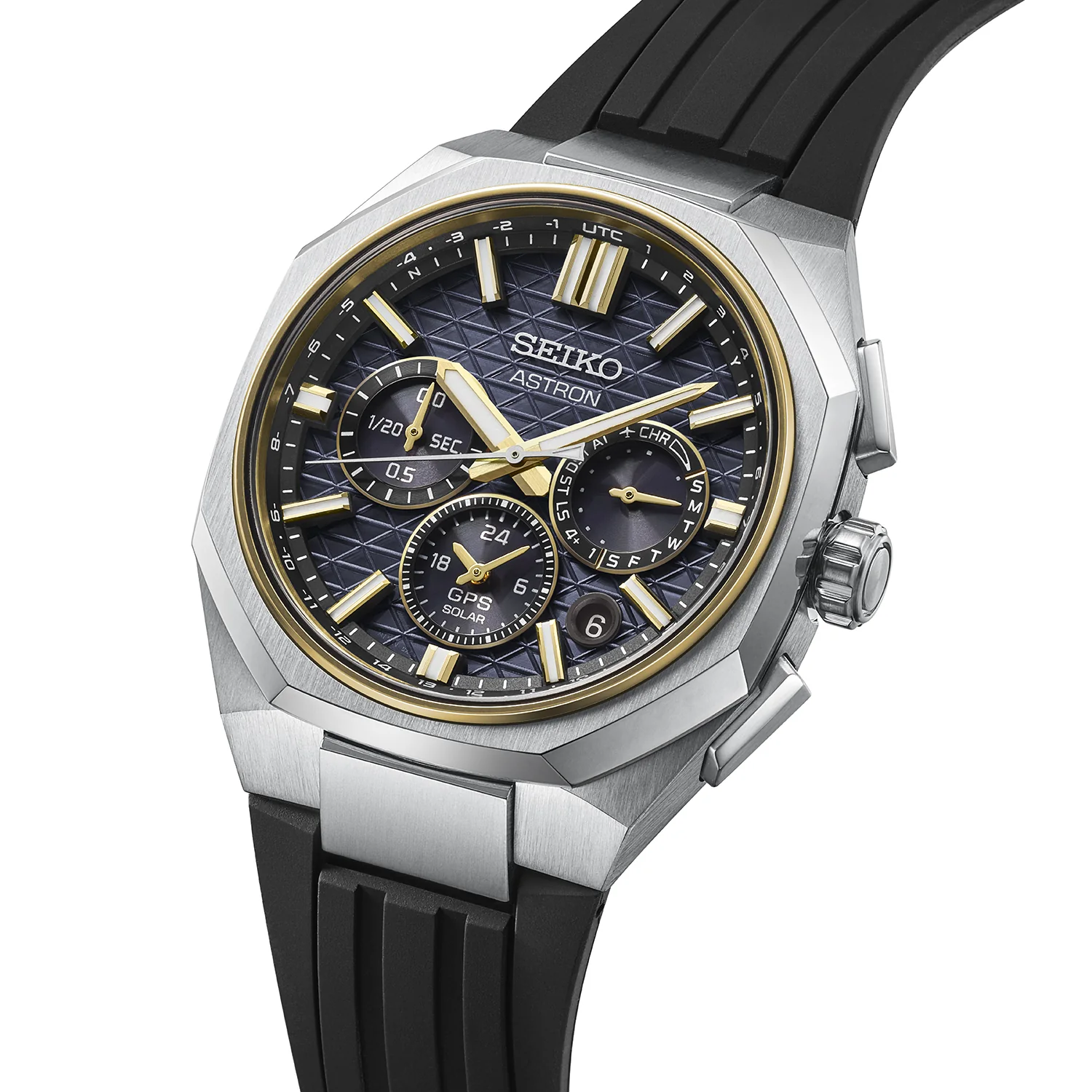 Vue rapprochée de seiko astron gps solaire dual time chronographe