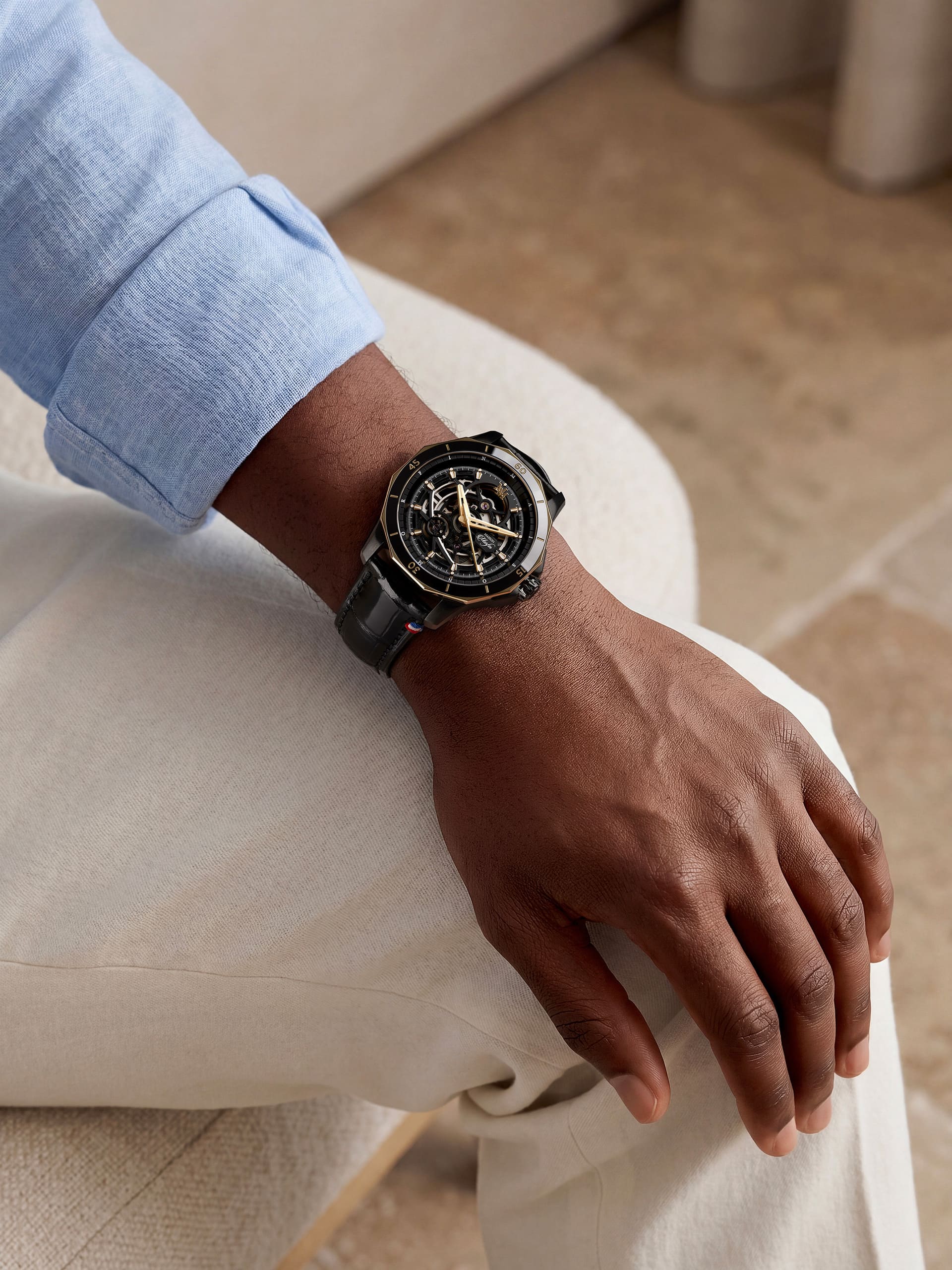 watches weared wrist skeletton the one automatique squelette 3000 euros noir dor doré made in france sw200 swiss made
